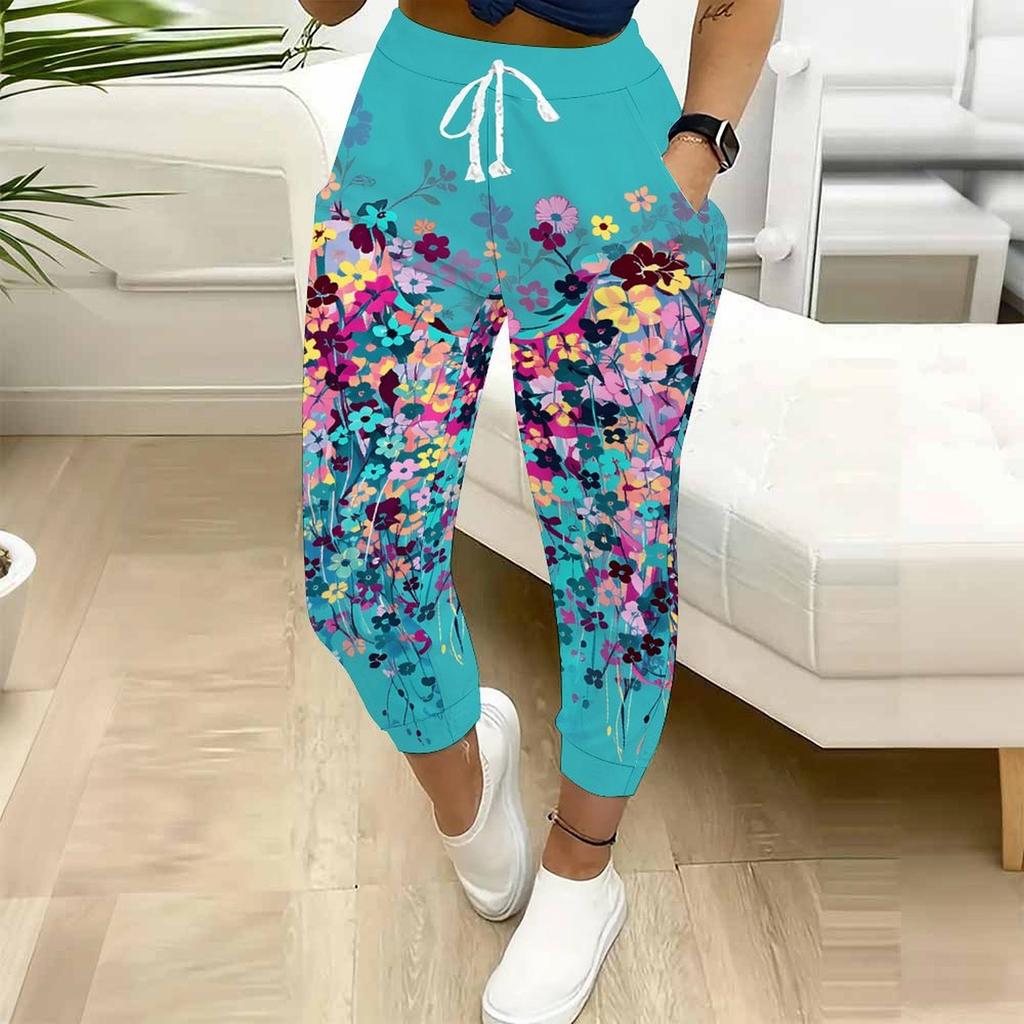 Pantaloni della tuta da donna estivi con stampa a fantasia vintage, vestibilità larga, con coulisse, polsini elasticizzati, pantaloni casual da giorno