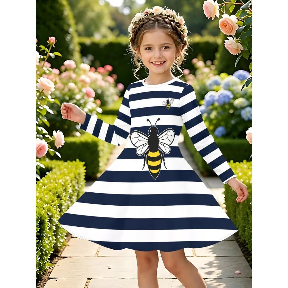 Girls' 3D Striped Bee Dress Long Sleeve Summer Spring Vacation Daily Holiday Princess Beautiful Sweet Kids 4-12 Years Casual Dress A Line Dress