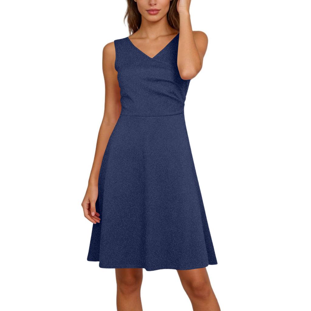 Women Elegant Sleeveless Wrap V Neck A-Line Dress