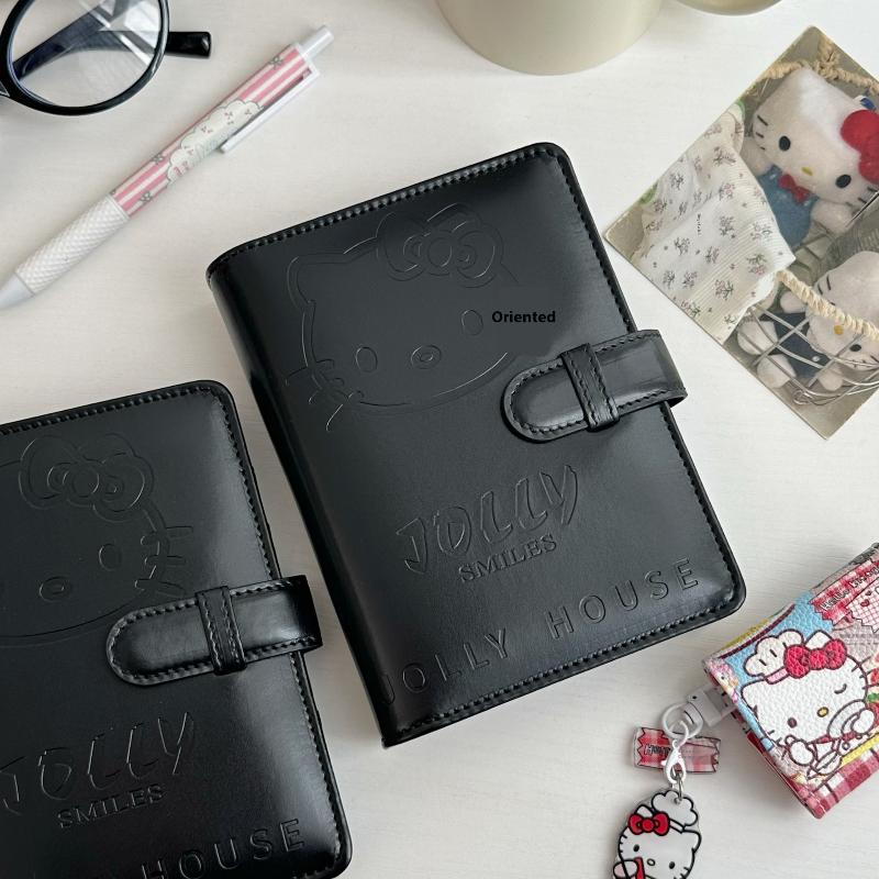 Kawaii Kitty A7 Retro Small Notebook Black Faux Leather Binder Portable Diary Set With Card Holder Student Stationery Supplies