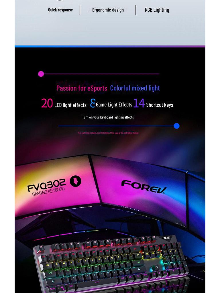 FVQ302 Wired Mechanical Gaming Keyboard - Luminous Backlight, Blue Axis