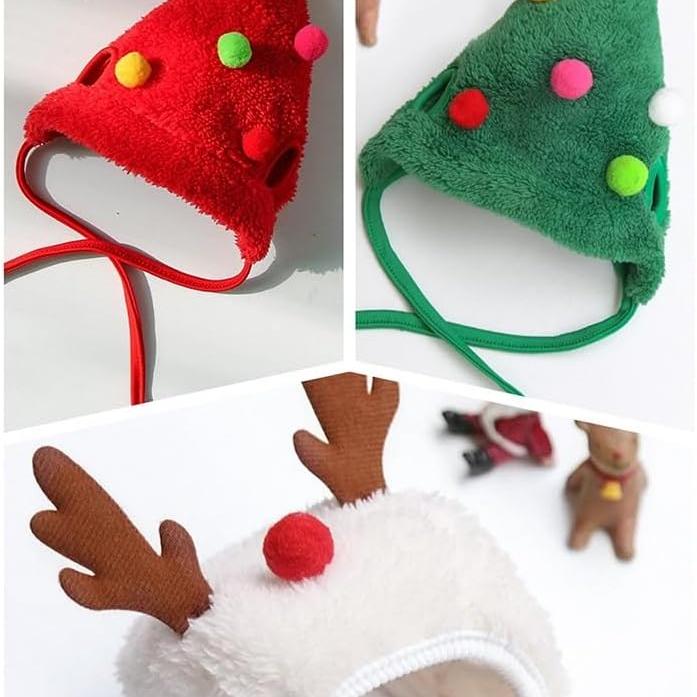 Adorable Christmas Tree Pom-Pom Hat, Adjustable Santa Reindeer Christmas Tree Headwear for Pets with Star and Pompoms