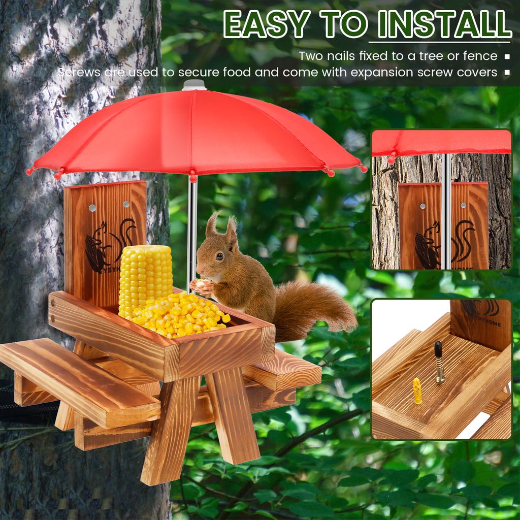 Wooden Squirrel Feeder Outdoor Squirrel Picnic Table With Tall Umbrella and Corn Cob Holder Multi-role Bird Feeder Garden Decor