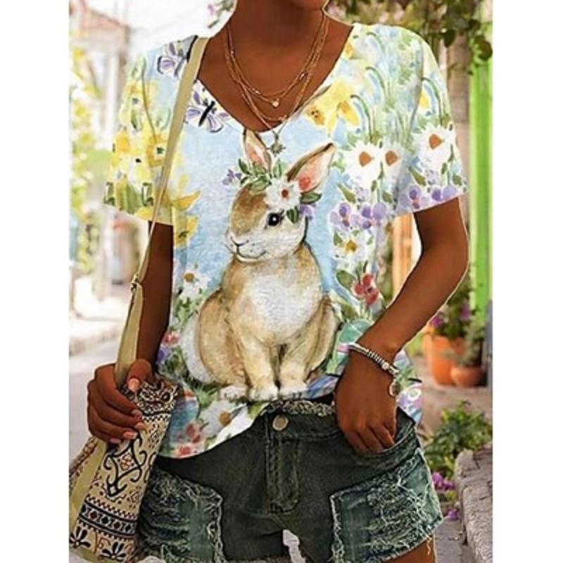 

Футболка женская пасхальная с рисунком животных в горошек, повседневная, с коротким рукавом, V-образным вырезом, обычные топы, повседневный принт, белое лето 2XL