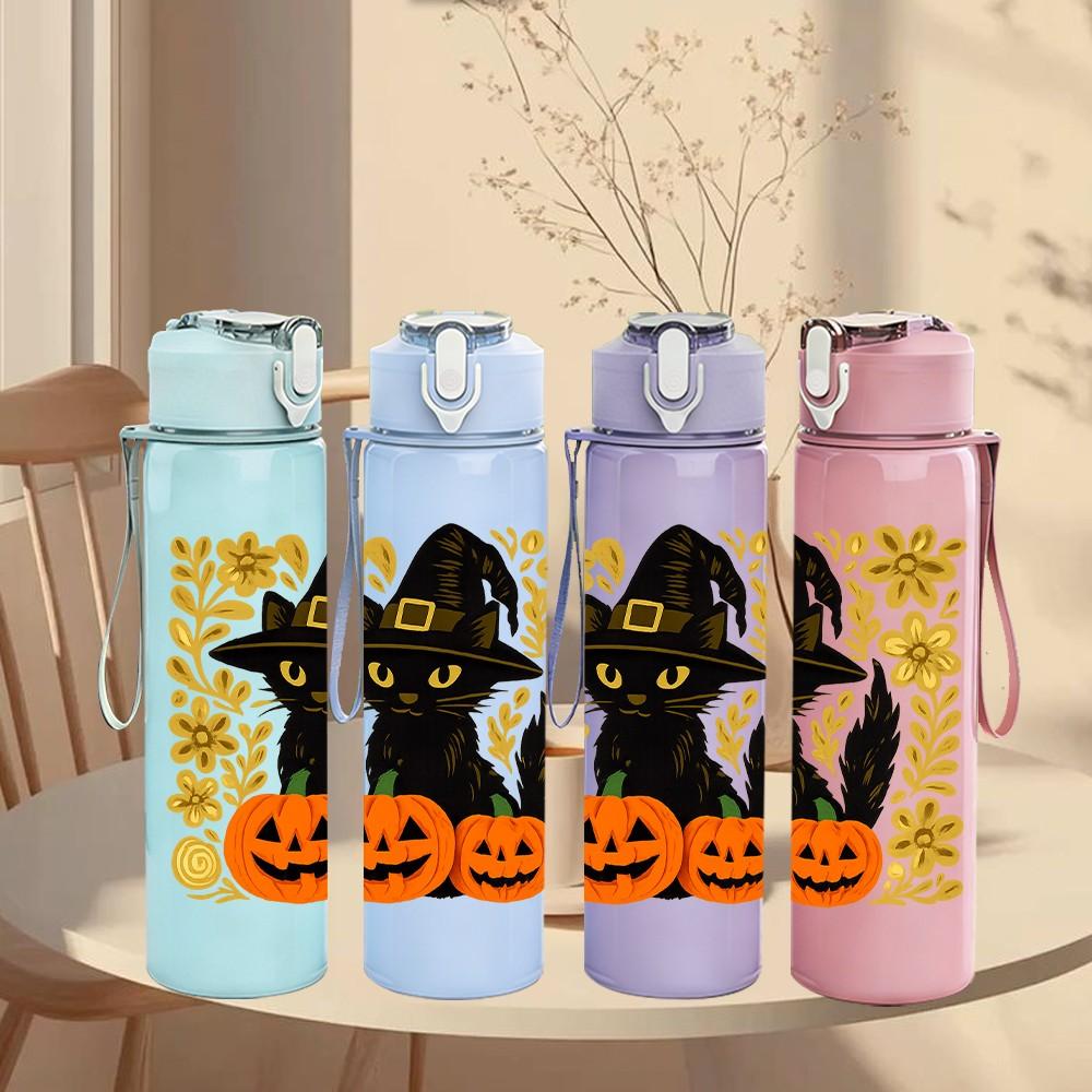 1PC Witch Pumpkin Halloween 750ml Color Plastic Sports Water Bottle Leakproof Flip Straw Lid Suitable for Sports Office Home Use