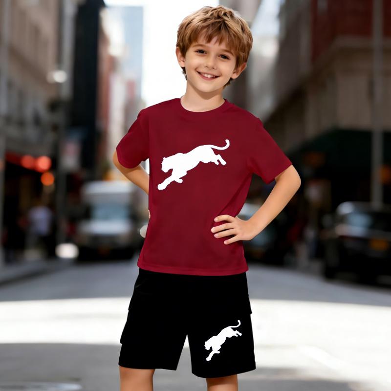 Completo da Ragazzo 2 Pezzi Stampa Leopardo Cartone Animato, Set T-shirt a Maniche Corte e Pantaloncini per Bambini Età 5-14 Anni, Abbigliamento Estivo Sportivo Casual Bianco e Nero