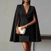 Autumn Commute Double Row Belted Shawl Cape Solid Color Suit Dress Women's Clothing