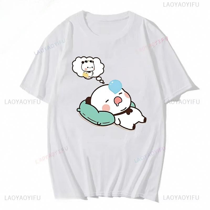 Couple Shirts Kawaii Cute BuBu Panda Going To Sleep with DuDu Bear Graphic Tshirt Funny Cotton Unisex Clothes Lovers' Clothes