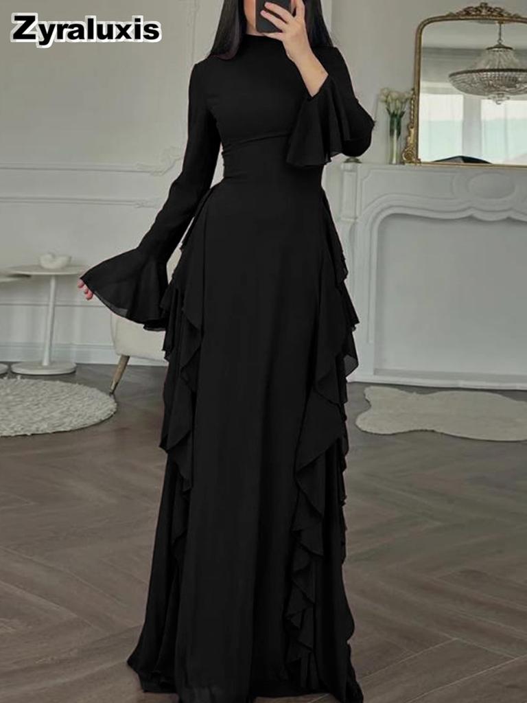 New Women's Elegant Casual High Waist Solid Color Bell Sleeve Dress