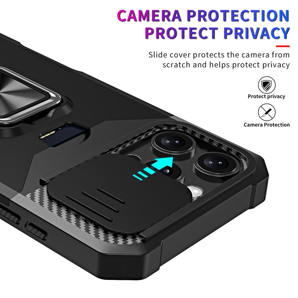 Etui z podpórką na iPhone 16 Pro, przesuwana osłona obiektywu, pokrowiec na telefon PC+TPU z przegródką na karty