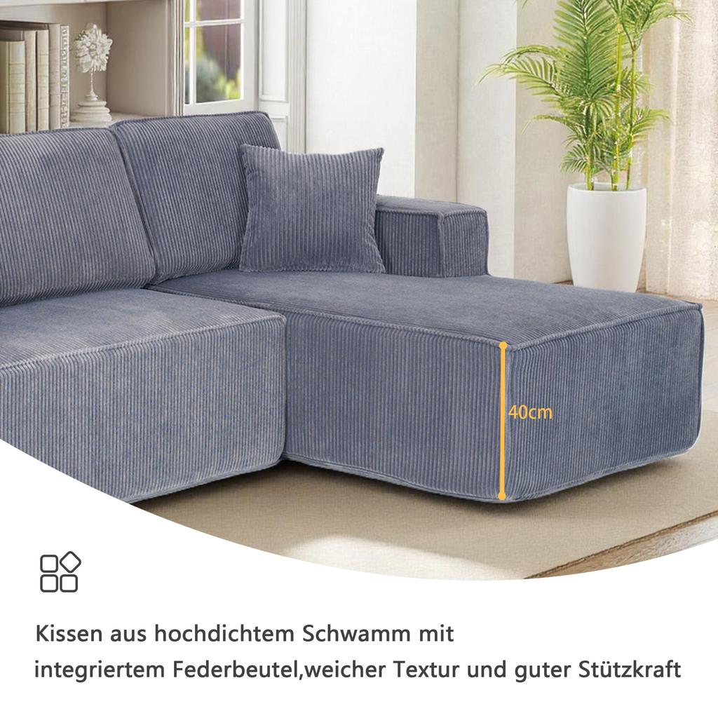 Fully Compressed L-shaped Corduroy Sofa, 2-person Seating Group + Chaise Longue Corner, Soft High-density Foam Padding, for Living Room, Gray