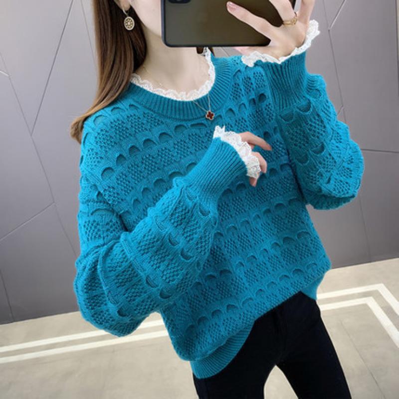 Genser Koreansk blonder med rund hals, hul langermet løs strikket underjakke