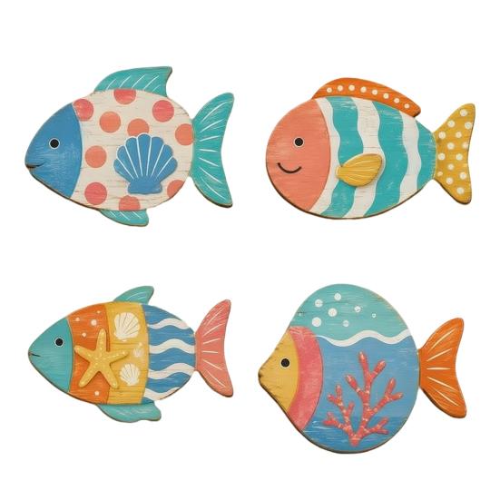 Seaside Bathroom Wall Art 4PCS Aspen Wood Fish Decor, Colorful Hanging Handcrafted Set Art, Beach Theme Decorative Plaques for Living Room Nautical