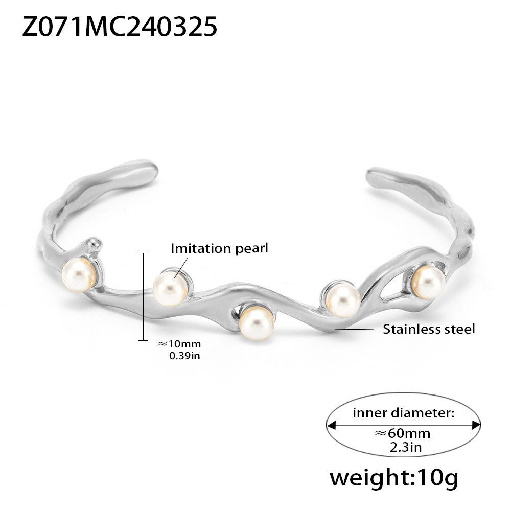 Qiong Yao 18K Gold Plated Open Bangle with Imitation Pearl, Non-fading Titanium Steel Cuff Bracelet
