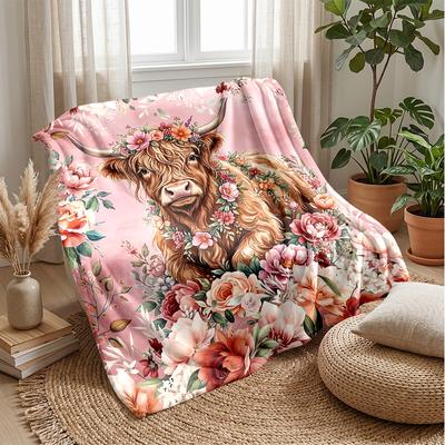 Floral Highland Bull Theme Blanket Lightweight Warm Flannel Blanket Decorative Throw Blanket for Home Decoration
