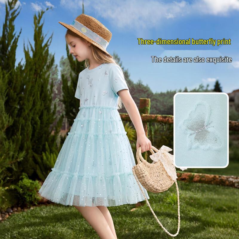ASK JUNIOR Girls' Short-Sleeve Mesh Patchwork Princess Dress