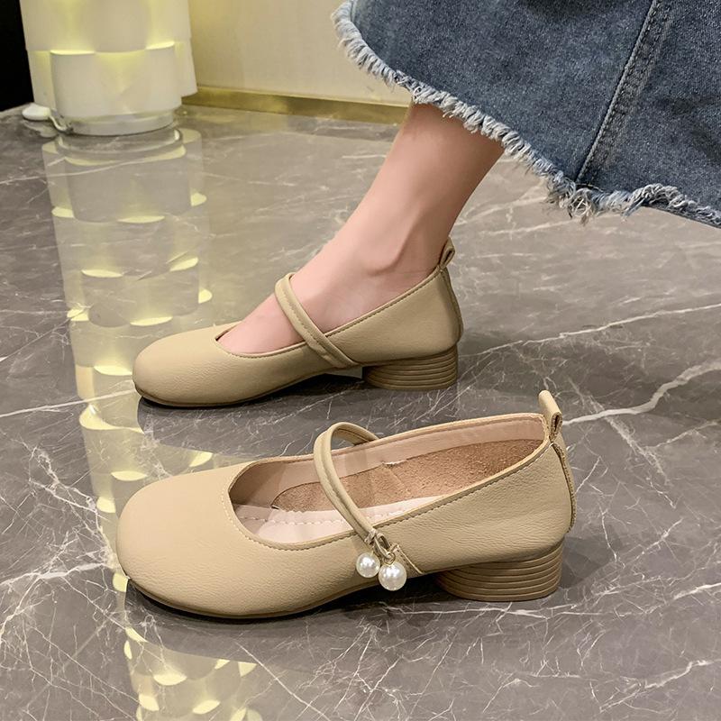 Mary Jane shoes women's summer 2025 new pearl buckle gentle evening shoes light mouth thick heel soft sole single shoes women