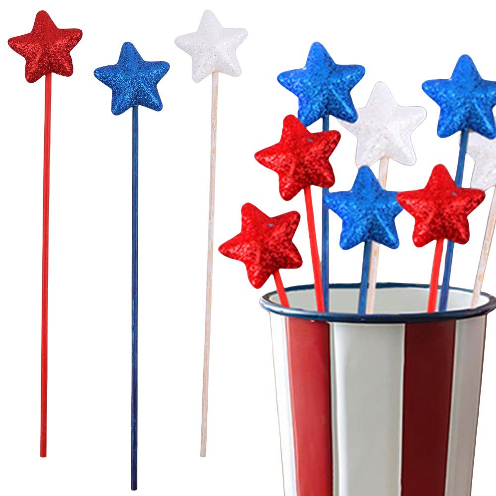 Glitter Star Picks Foam Sparkly Sticks Patriotic Star Picks White Red Blue Star Shaped Ornament Independence Day Party Favors
