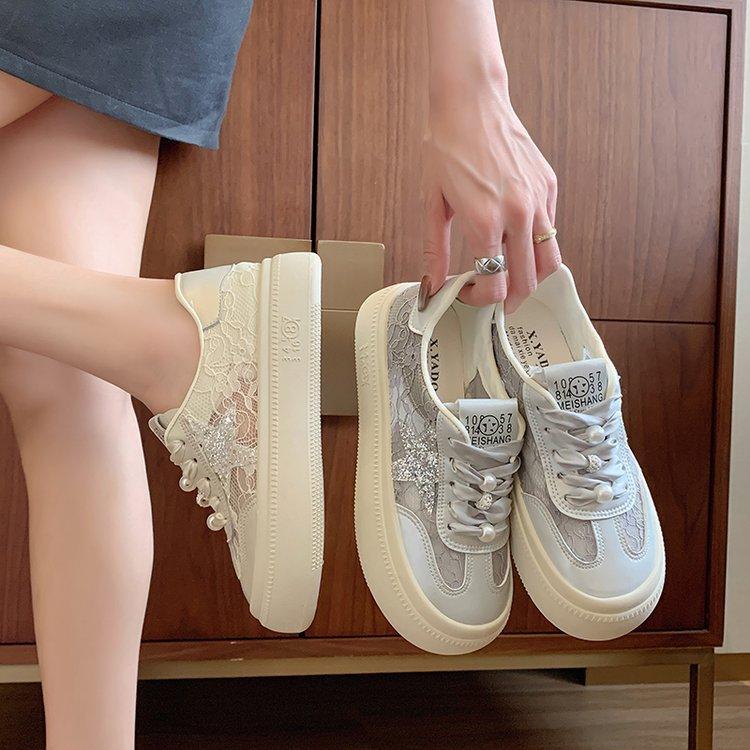 Korean version of lace mesh breathable little white shoes women's 2025 summer new thick-soled versatile board shoes soft-soled women's shoes
