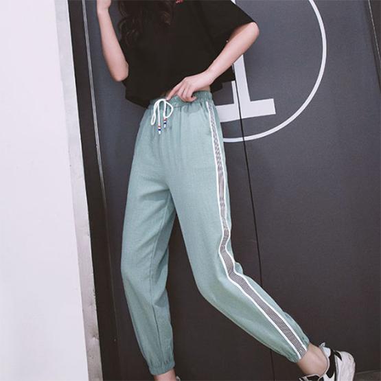Women's Spring Summer Large Size Trousers Solid Color Elastic Waist Long Pants Slim Casual Striped Sports Pants