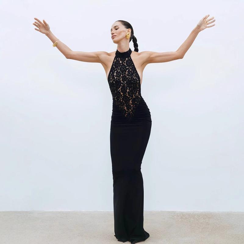 Women's Fashion Sexy Halter Halter Sleeveless Lace Patchwork Slim Dress