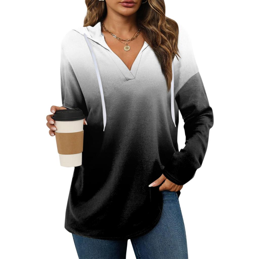 Women's Fashion Hoodies V Neck Long Sleeve Printed Sweatshirts Drawstring Casual Loose Pullover Tops