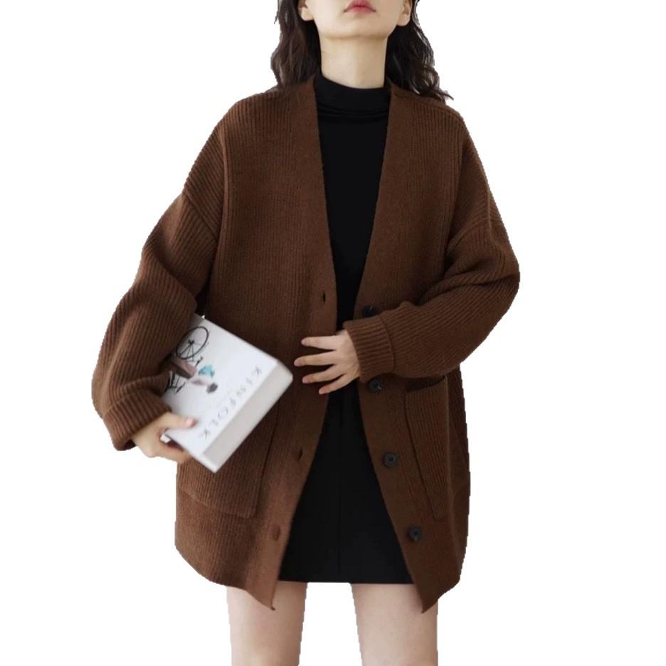 Premium solid color v-neck pocket sweater jacket women's autumn and winter 2026 new loose lazy wind knitted cardigan thick
