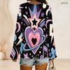 Women Plus Size V Neck Long Sleeve Heart Print Top Curved Hem