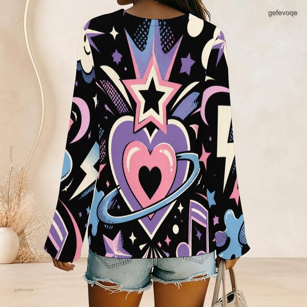 Women Plus Size V Neck Long Sleeve Heart Print Top Curved Hem