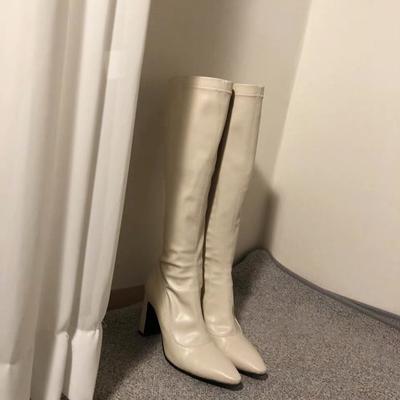 Korean Version of White Pointed High-heeled Boots, But Knee Thick Heels, Thin Elastic Boots, Small Man