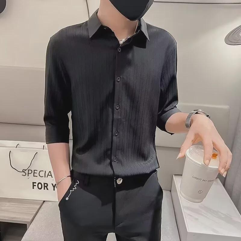 2024 Herren Trendiges Dreiviertelarm Unifarbenes Revershemd für Frühling und Sommer