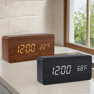 Wooden Digital Alarm Clock,LED Clock with Time, Date,Temperature, Digital Desktop Clock Bedroom Tabletop Led Watch NZ002