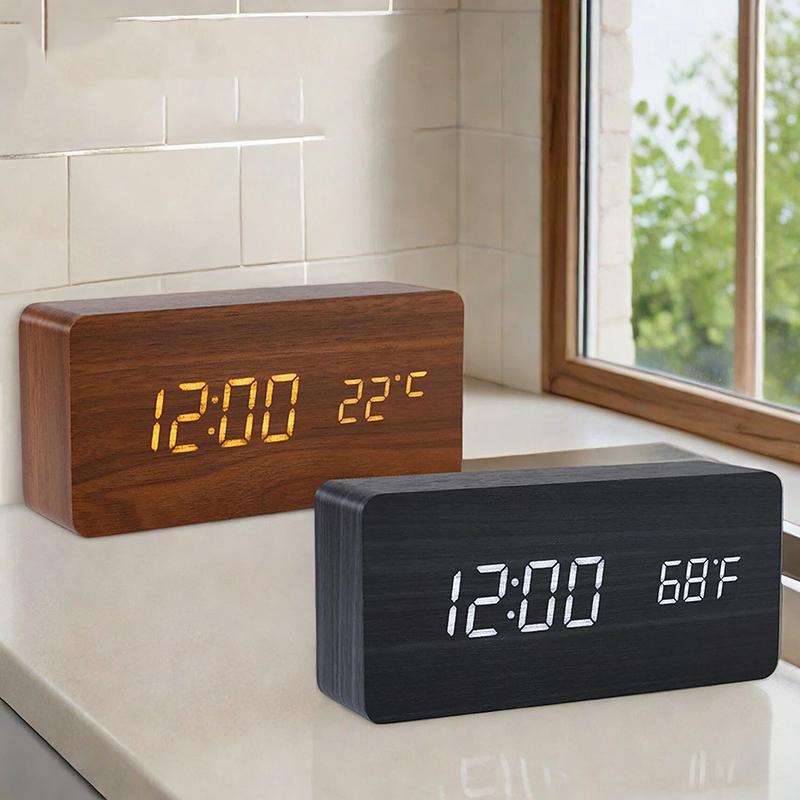Wooden Digital Alarm Clock,LED Clock with Time, Date,Temperature, Digital Desktop Clock Bedroom Tabletop Led Watch NZ002
