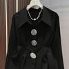 Black Collar  Waist Cinched  Pleated Shirt Women's Large Metal Button Commuting Long Sleeved Chic Top