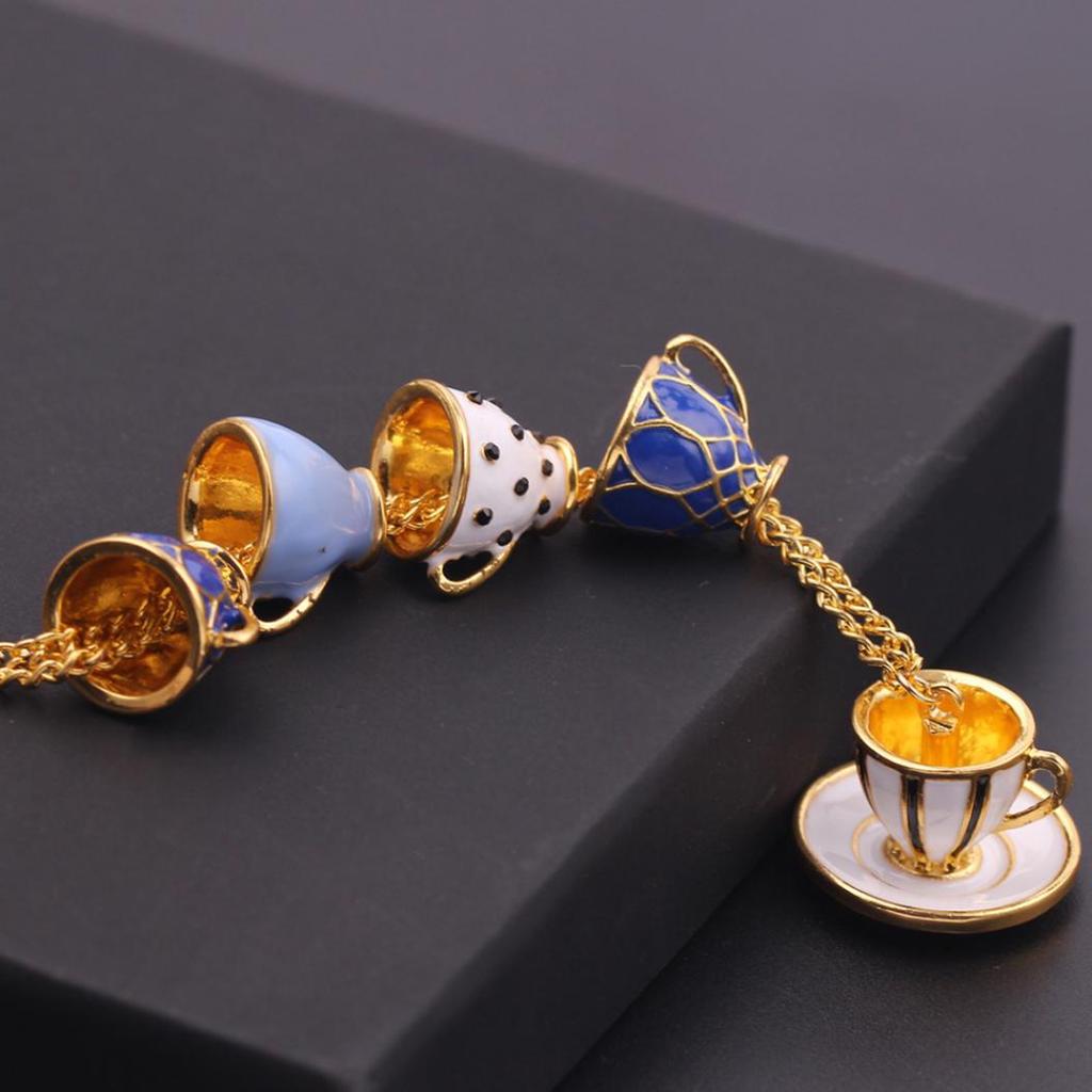 Women Fashion Hand Painted Enamel Teacup Pendant Necklace Long Chain Jewelry