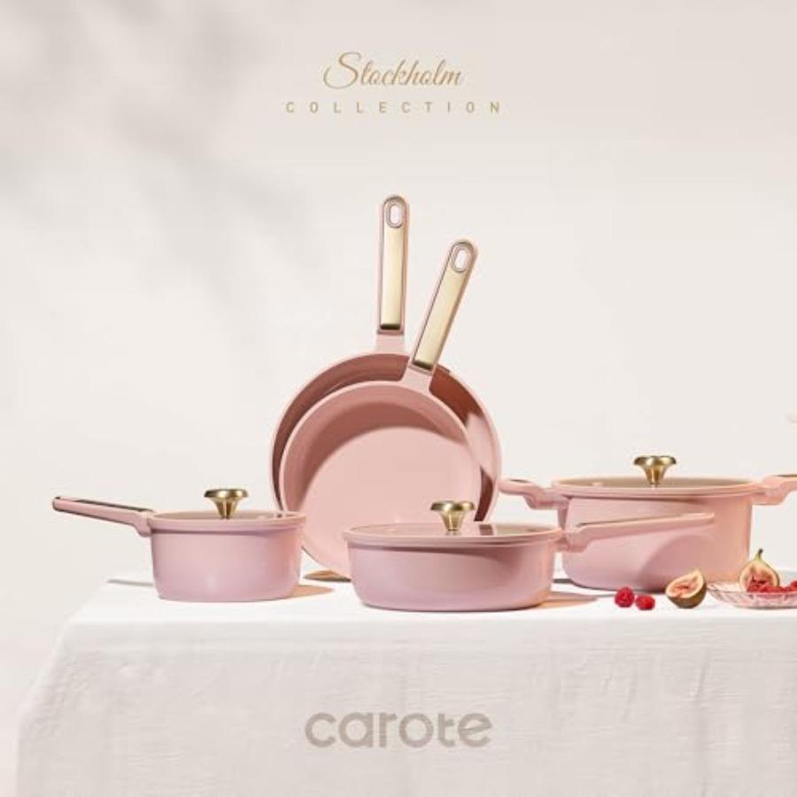 Pink Blush Ceramic Cookware Set 14pcs Nonstick Pots and Pans with Lids Non-Toxic PFAS-Free Kitchenware for Home RV Camping Dish