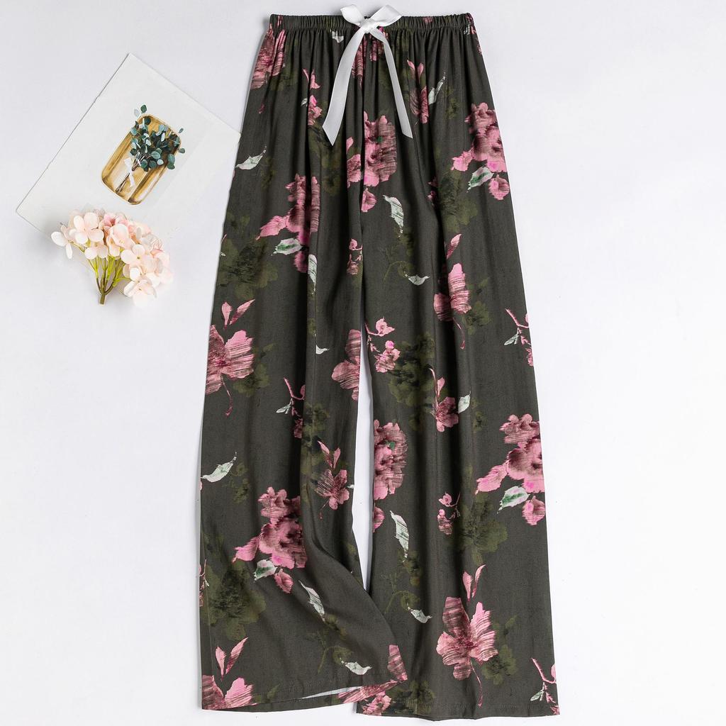 Women's Floral Cotton Silk Pajama Pants, Mosquito Repellent, Outdoor & Home Wear, Plus Size, Lightweight Summer Style.