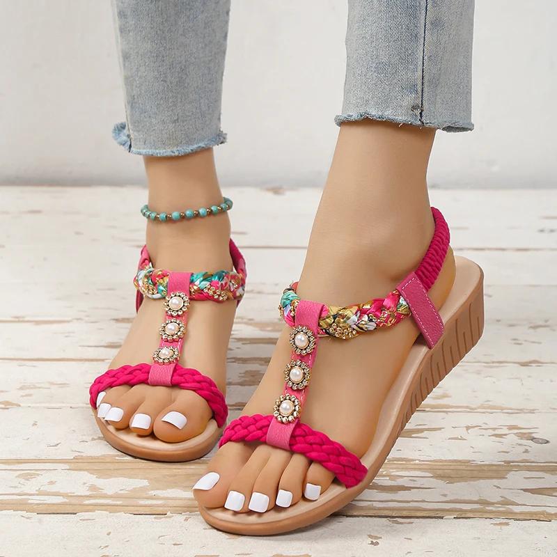 Fashion Women Sandals Wedges Bohemian Flower Anti-slip Sandals Women Beach Slip On Outdoor Heels Roman Shoes Woman Sandalias De Mujer