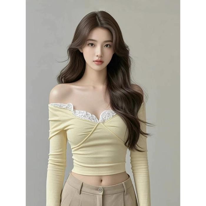 

Korean Style One-Shoulder Yellow Lace Patchwork Top - New 2025 Women s Fashion M жёлтый