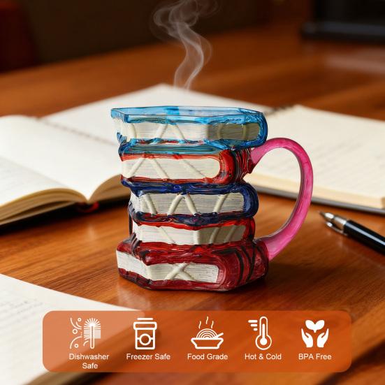 Picture Book Coffee Cup 3D Book Stacking Novel Inspired Mug 420ml Hand-Drawn Artistic Literary Mug for Book Lovers Teachers Librarians