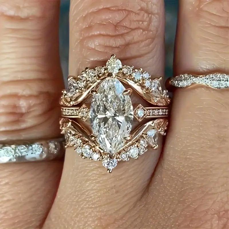 Gorgeous Marquise Cut Ring for Women /Set Elegant Accessories Female Luxury Finger Jewelry for Wedding Ceremony Party