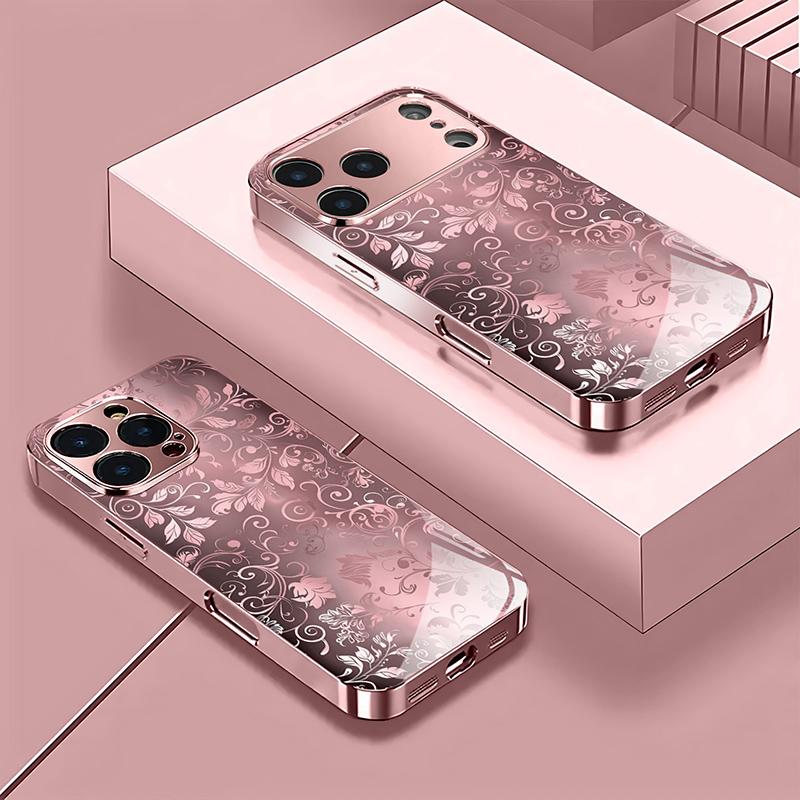 Cute Floral Pattern Pink Metallic Tempered Glass Phone Case For iPhone 11 12 13 14 15 16 17 Pro Max 15 Plus 17 Air 16E Cover