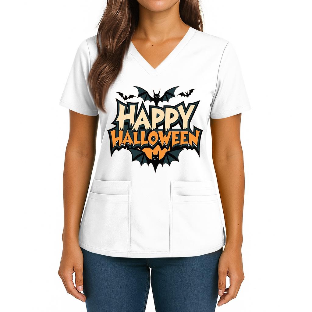 Women's Halloween Printed V-Neck Double Pocket Short Sleeves Hem Slit Uniform Caregiver Top