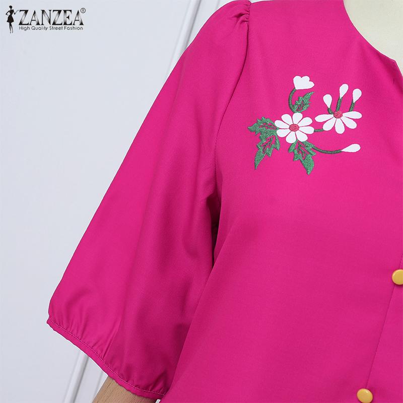 ZANZEA Women Casual V-Neck 3/4 Sleeve Loose Floral Print Dress