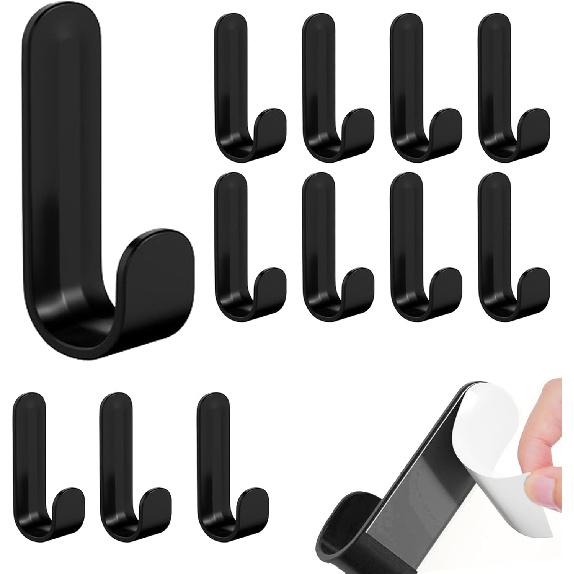 12 Pack Plastic Adhesive Hooks,Damage Free Hooks Holder,Key Holder,Cute Simple Hooks,Black Decorative Wall Hooks for Hanging Hat Cup Glass Headset