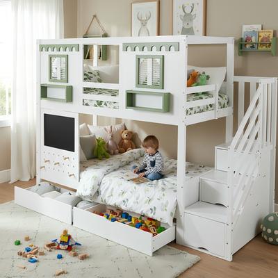 Bunk Bed, With Small Pegboard Area + 5 Included Wooden Hooks, Two Drawers, With Staircase Storage Cabinet, Pine + MDF + Plywood, White+Green, 90x200cm