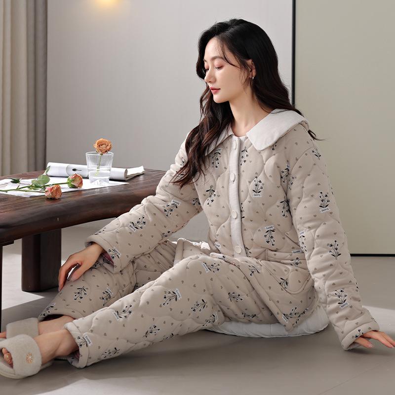 

Pajamas Women S Winter Three-Layer Thickened Velvet Pure Cotton Padded Cotton Winter Warm Cotton Jacket Loungewear Set 2XL