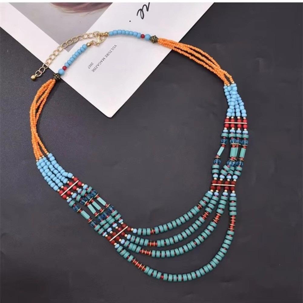Turquoise & Orange Multi Layered Beaded Necklace Vibrant Color Tribal Bib Necklace  Women