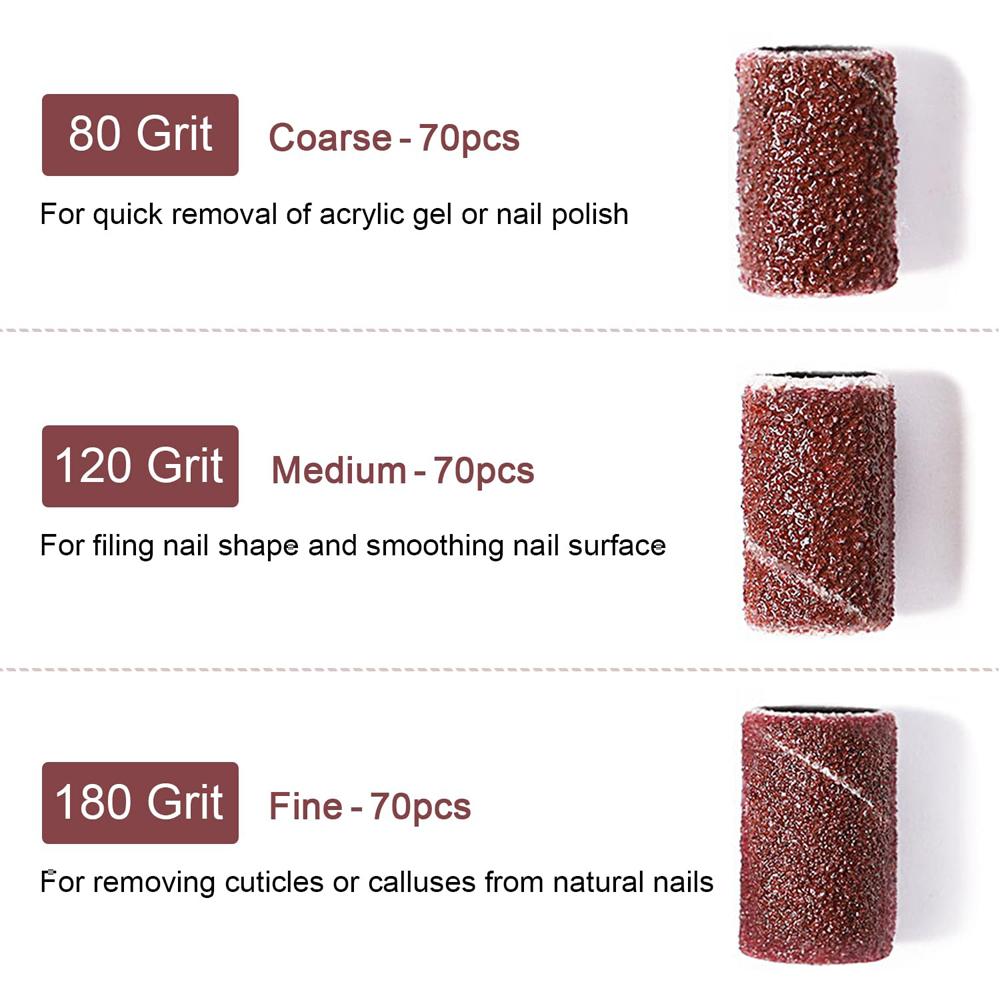 210pcs Sanding Cap Bands #180#120#80 Grit Nail Drill Grinding Bit Files Pedicure Tool Set for Grit Gel Nail Polish Removal