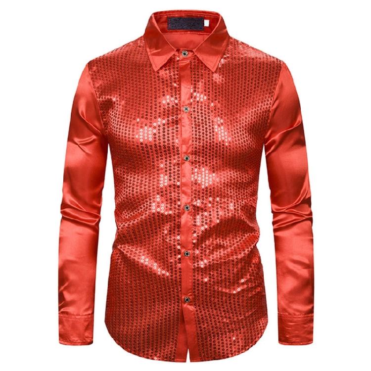 Men's Shines Sequins Long Sleeve Button Down Shirt for Halloween Cosplay 70s Disco Party Dress Shirt